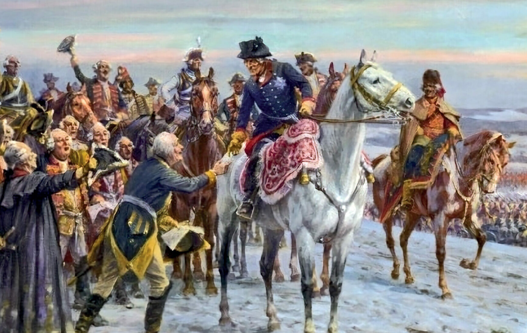 Leuthen (Lutynia) 5 XII 1757. Największe zwycięstwo Fryderyka II : Jak wspominał Barsewisch, przed atakiem zjawił się król, który podszedł do płk. von Bocka, dowodzącego batalionem pułku Meyerinck, w którym Barsewisch dzierżył chorągiew, i nakazał: Ruszaj swoim batalionem prosto na zasieki, za którymi kryją się białe płaszcze